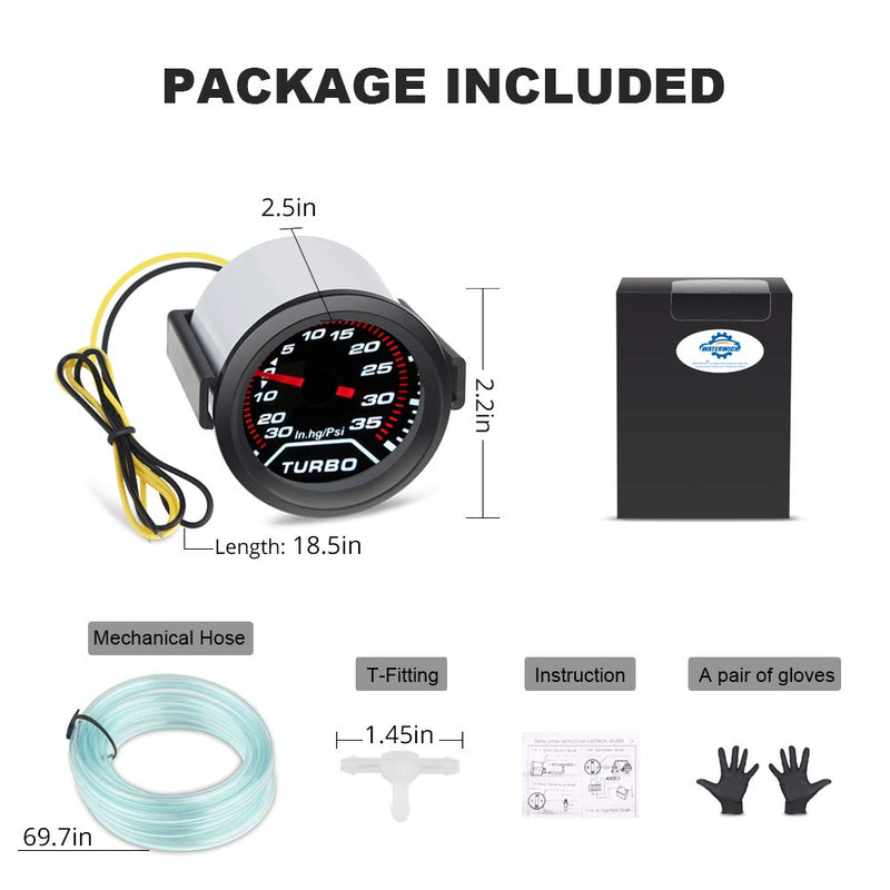  [AUSTRALIA] - WATERWICH 35 PSI Turbo Boost/Vacuum Gauge Meter Kit Includes Mechanical Hose & T-Fitting - Black Dial - Clear Lens 2" 52mm 12V Universal for Car Truck