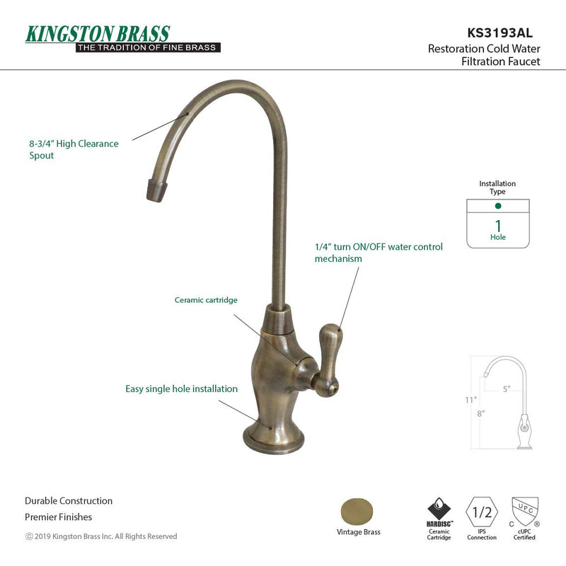 Kingston Brass KS3193AL Restoration Single Handle Water Filtration Faucet, Antique Brass - LeoForward Australia