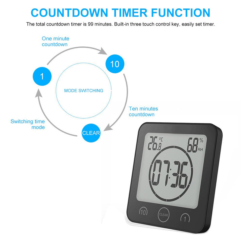  [AUSTRALIA] - Shower Wall Clock Waterproof Sunsbell Digital Temperature Humidity Display with Suction Cup, Touch Screen Timer for Kitchen Bathroom (Black)