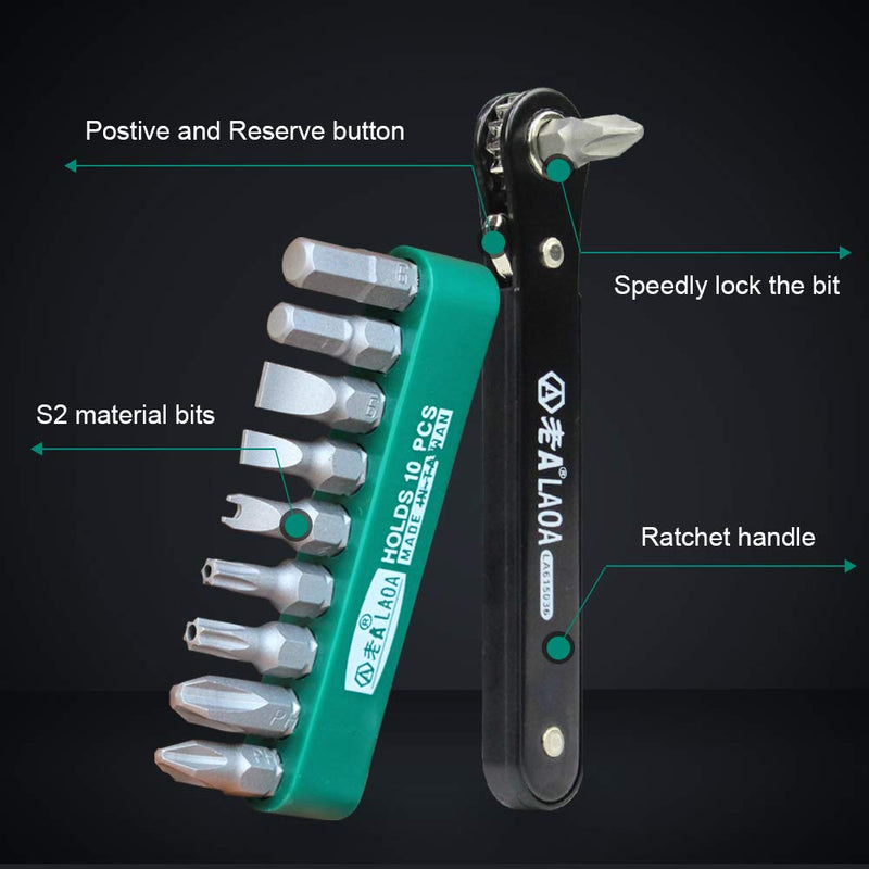  [AUSTRALIA] - LAOA 10pcs Mini Ratchet Bits Set Tight Space Torque Screwdriver Close Quarters 1/4 Micro EDC Tool Reversible Drive Handle