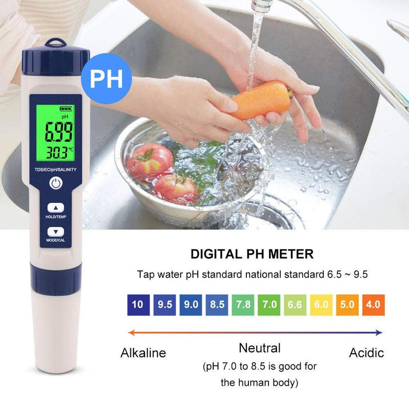 Water Quality Tester 5 in 1 Water PH Salinity Total Dissolved Solids EC Temperature Test Pen Type Drinking Water Aquarium Hydroponics Testing Meter with Backlight - LeoForward Australia