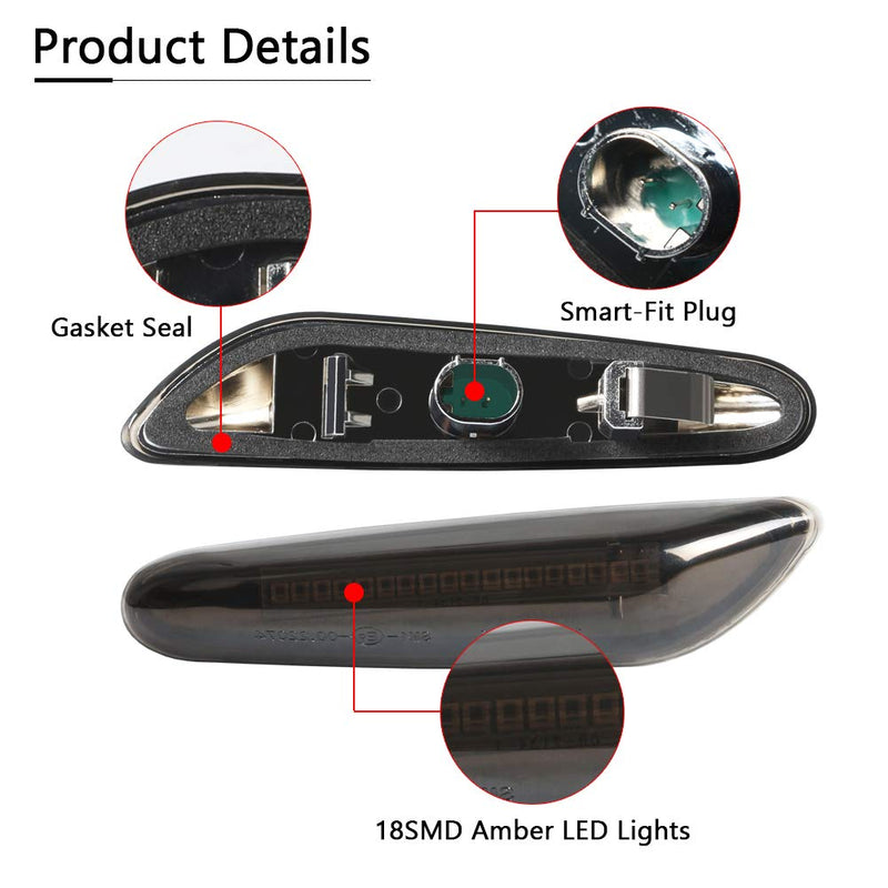 GemPro 2-Pack Amber LED Side Marker Turn Signal Light For BMW E90 E91 E92 E93 E46 E53 X3 E83 X 1 E84 E81 E82 E87 E88, Smoke Lens Style Black Smoked Lens - LeoForward Australia
