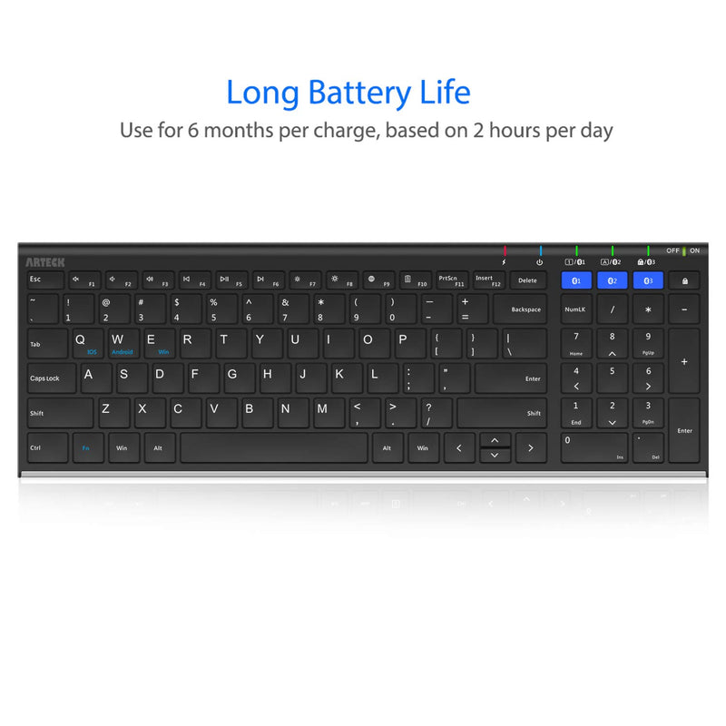 Arteck Universal Bluetooth Keyboard Multi-Device Stainless Steel Full Size Wireless Keyboard for Windows, iOS, Android, Computer Desktop Laptop Surface Tablet Smartphone Built in Rechargeable Battery - LeoForward Australia