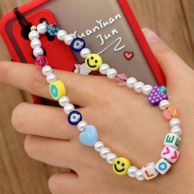  [AUSTRALIA] - Wowlicase 3PCS Beaded Phone charm Lanyard Wrist Strap Smiley Face Fruit Star Letter Pearl Handmade Rainbow Acrylic Polymer Clay Beads Keychain for Women Girls