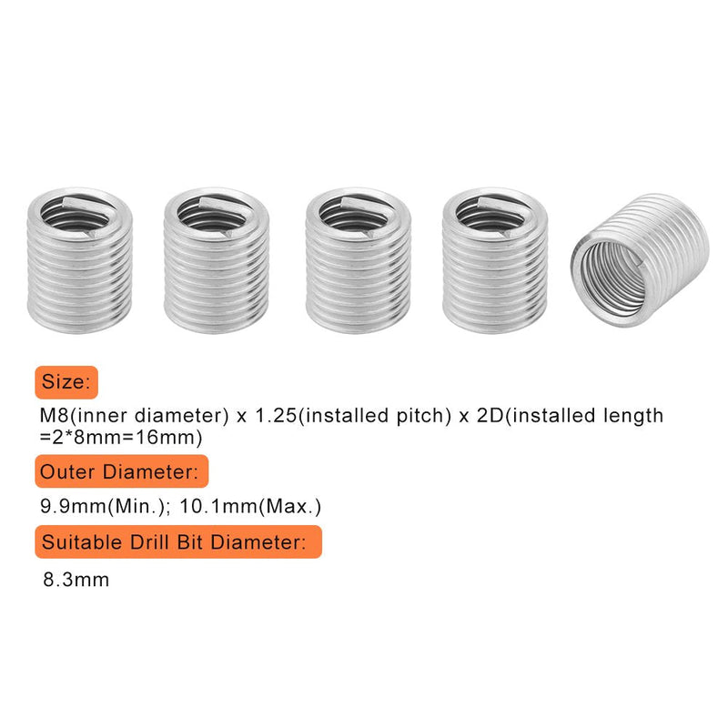  [AUSTRALIA] - 100pcs Stainless Steel SS304 Coiled Wire Helical Screw Thread Inserts M8 x 1.25 x 2D Length for Helical Repair