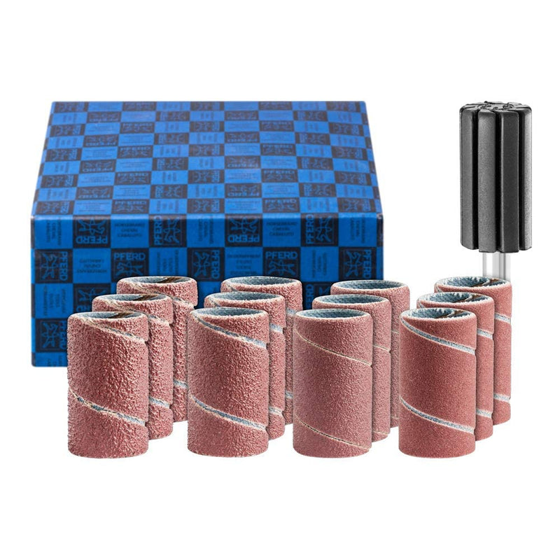  [AUSTRALIA] - PFERD sanding sleeve set, 13 pieces. | Corundum Ø15x30mm A60,80,150,240 incl. holder with shaft ø 6mm | 42298002 - for universal applications 15x30 mm grain size 60 - 240