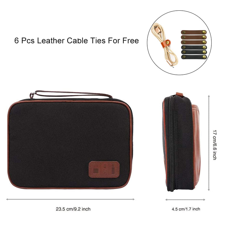  [AUSTRALIA] - Cable Organizer Bag,Travel Electronic Organizers Bag Waterproof Tech Organizer Bag Portable Cord Storage Pouch for Cable, Charger, Phone, USB, SD Card,with 6pcs Leather Cable Ties (Black) Black