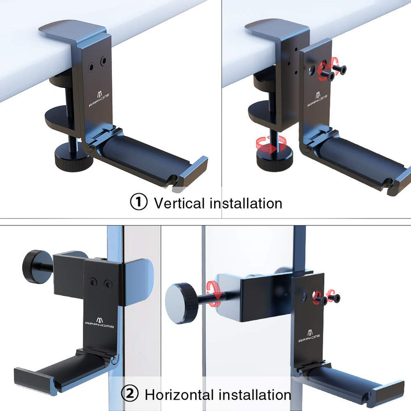  [AUSTRALIA] - APPHOME Headphone Hook Desk, Headphones Stand Under Table Foldable Headset Holder Clamp Hanger Mount, Built in Cable Clip Organizer for PC Gaming, Office, Backpack Bag Purse Hanging Premium Black-One Pack