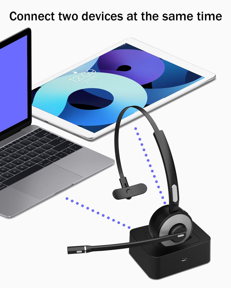  [AUSTRALIA] - Bluetooth Headset with USB Dongle/Adapter, ASIAMENG Single-Ear Wireless Headset with Noise Cancelling Microphone Mute Key Charging Base/Stand for Computer PC Laptop Cell Phones Trucker Office Home