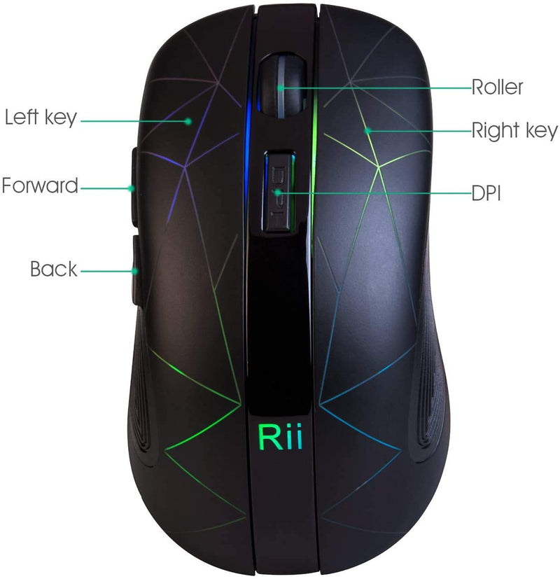 Rii RM200 Wireless Mouse,2.4G Wireless Mouse 5 Buttons Rechargeable Mobile Optical Mouse with USB Nano Receiver,3 Adjustable DPI Levels,Colorful LED Lights for Notebook,PC,Computer-Black - LeoForward Australia