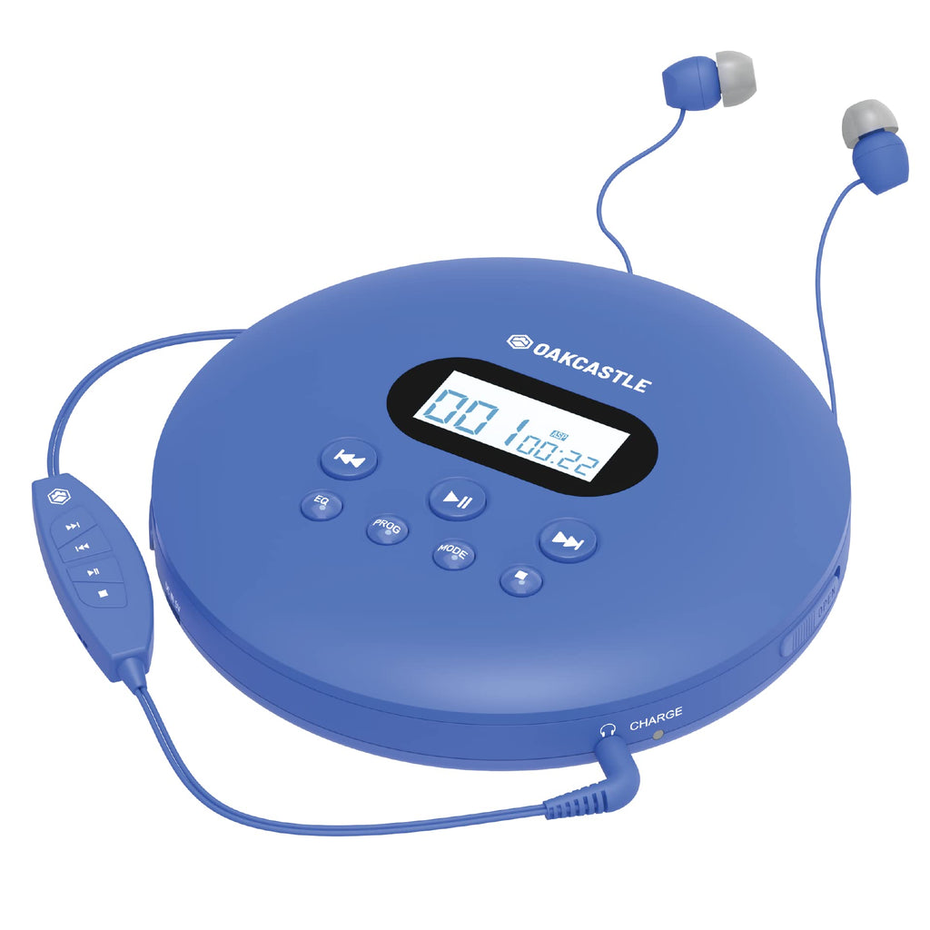 [AUSTRALIA] - Oakcastle CD100 Portable Bluetooth CD Player | 12hr Portable Playtime | in Car Compatible Personal CD Player | Headphones Included, AUX Output, Anti-Skip Protection, Rechargeable, CD Walkman in Blue