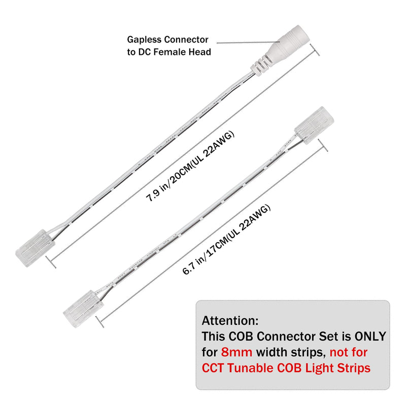  [AUSTRALIA] - COB LED strip connector set for 8mm width COB strip 2Pin, 4 pieces transparent center connectors, 2 pieces L-shape, 1 piece T-shape and 4 pieces dual-end extension wires 15cm with 1 piece DC 8mm COB connector upgraded