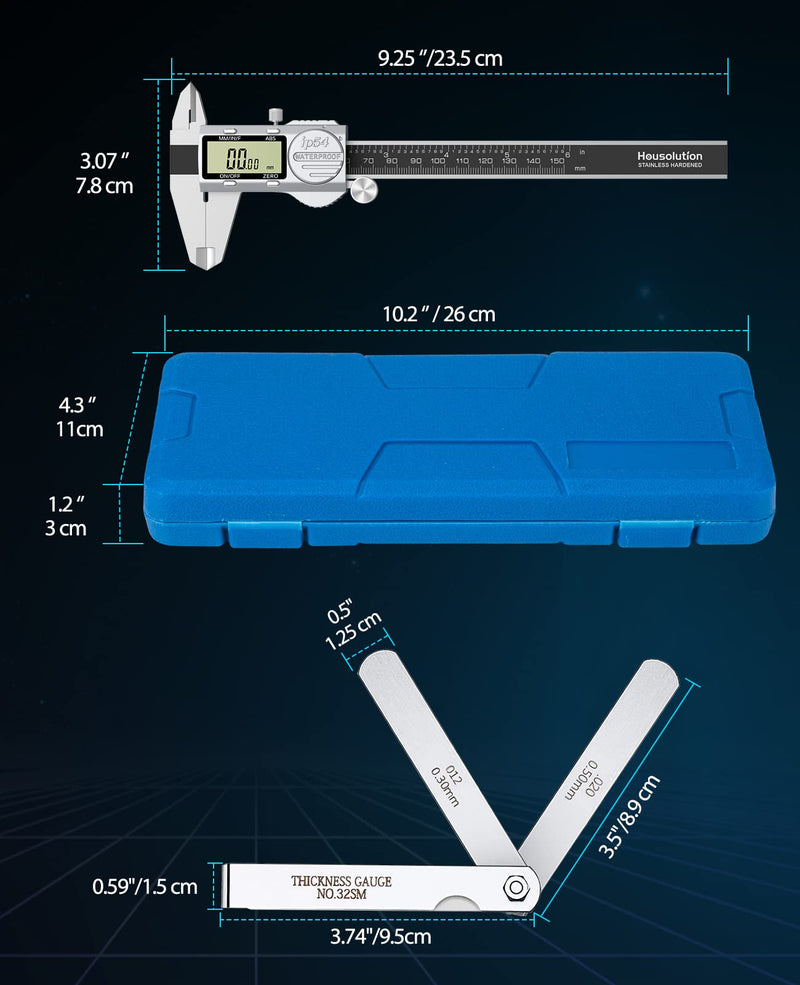  [AUSTRALIA] - Housolution Digital Caliper, Electronic Caliper with ABS Function, 6-Inch IP54 Waterproof Caliper with LCD Display & Replacement Battery, with Feeler Gauge for Precise Measurement, Silver + Black ABS-150mm