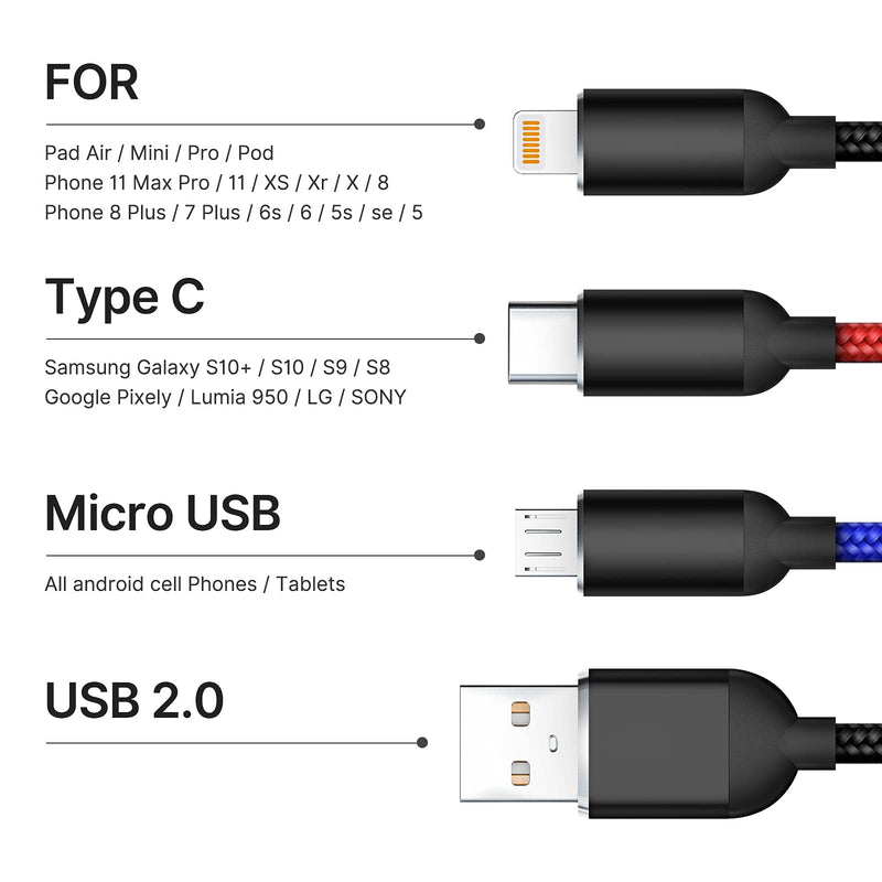  [AUSTRALIA] - Multi Charging Cable, Multi Charger Cable Nylon Braided 3 in 1 Charging Cable Multi USB Cable Fast Charging Cord with Type-C, Micro USB and IP Port, Compatible with Most Phones & iPads (2 Pack) 2 Pack