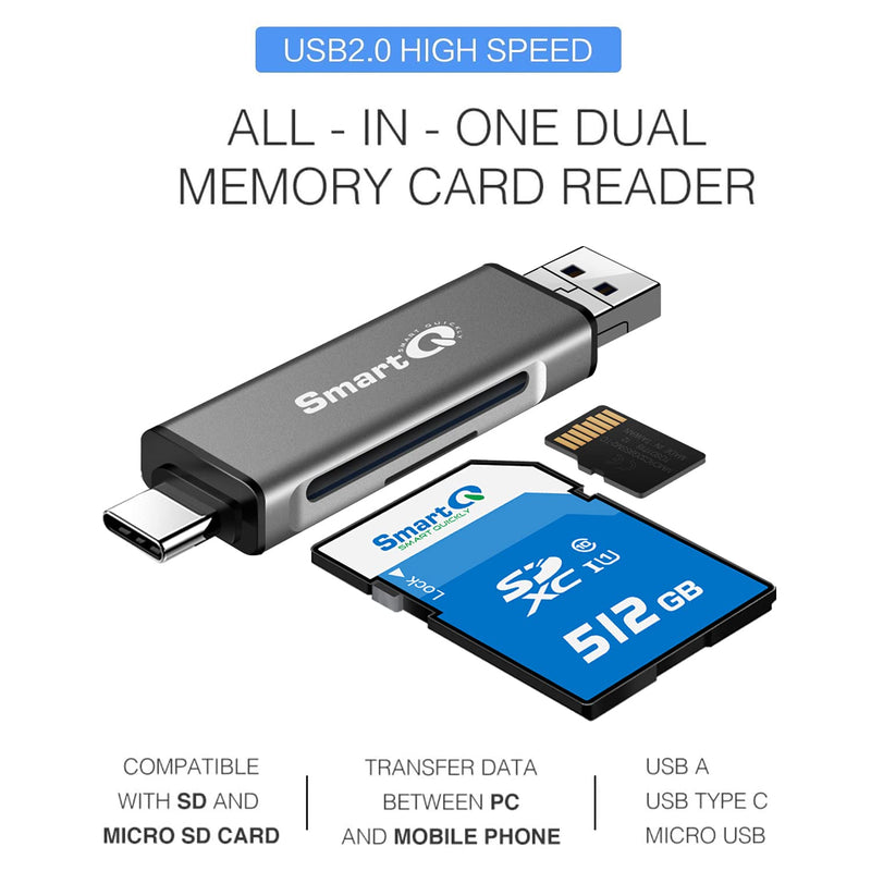  [AUSTRALIA] - SmartQ C256 Micro SD Card Reader to USB Adapter USB-C and USB A USB Memory Card Reader USB 2.0 Super Speed for MicroSDXC, MicroSDHC, SD, SDXC, SDHC, SD Cards, Works for Windows, Mac OS X, Android Grey Trio 2.0