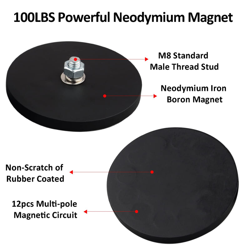  [AUSTRALIA] - ULIBERMAGNET 2Pack Rubber Coated Magnet with M8 Male Thread Stud, Anti-Scratch 100lb Strong Neodymium for Outdoor Light Bar, Signal Lights and Tools C88 mm # M8 Male Thread 100lb