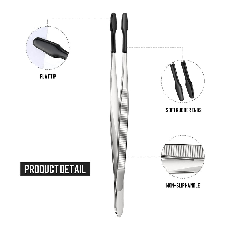  [AUSTRALIA] - 2 Pieces Tweezers Straight Flat Rubber Coated Tweezers PVC Non Marring Long and Short Silicone Tipped Tweezer Stainless Steel Tweezers Set Jewelry Hobby Crafts Forceps Tools, 4.72, 5.91 Inch (Black) Black