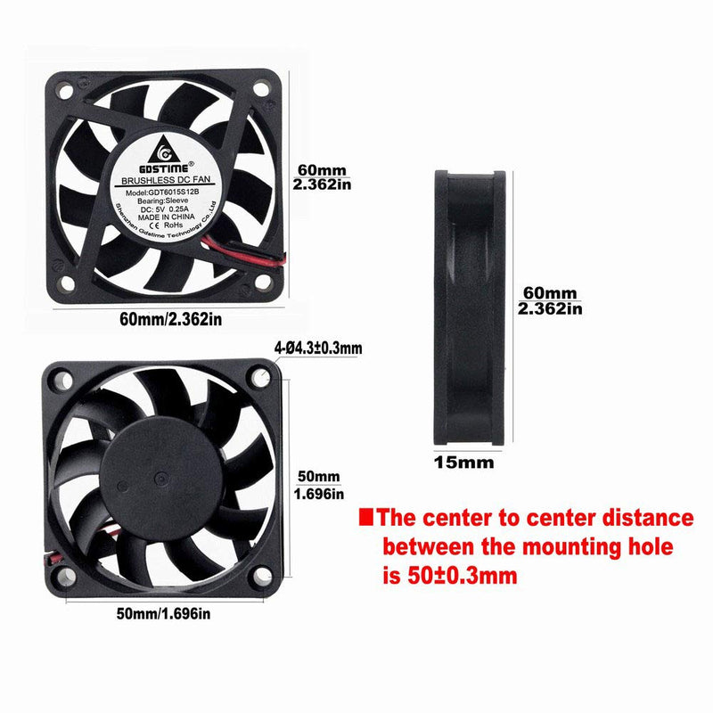  [AUSTRALIA] - GDSTIME 60mm x 60mm x 15mm 5V 2PIN DC Brushless Cooling Fan