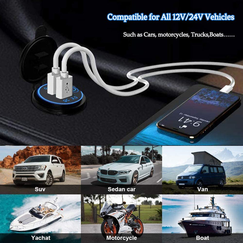  [AUSTRALIA] - Quick Charge 3.0 Dual USB Car Charger Socket with Touch Switch 12V/24V 36W QC3.0 Dual USB Fast Charger Socket Power Outlet for Marine, Boat, Motorcycle, Truck, Golf Cart QC3.0 With Switch