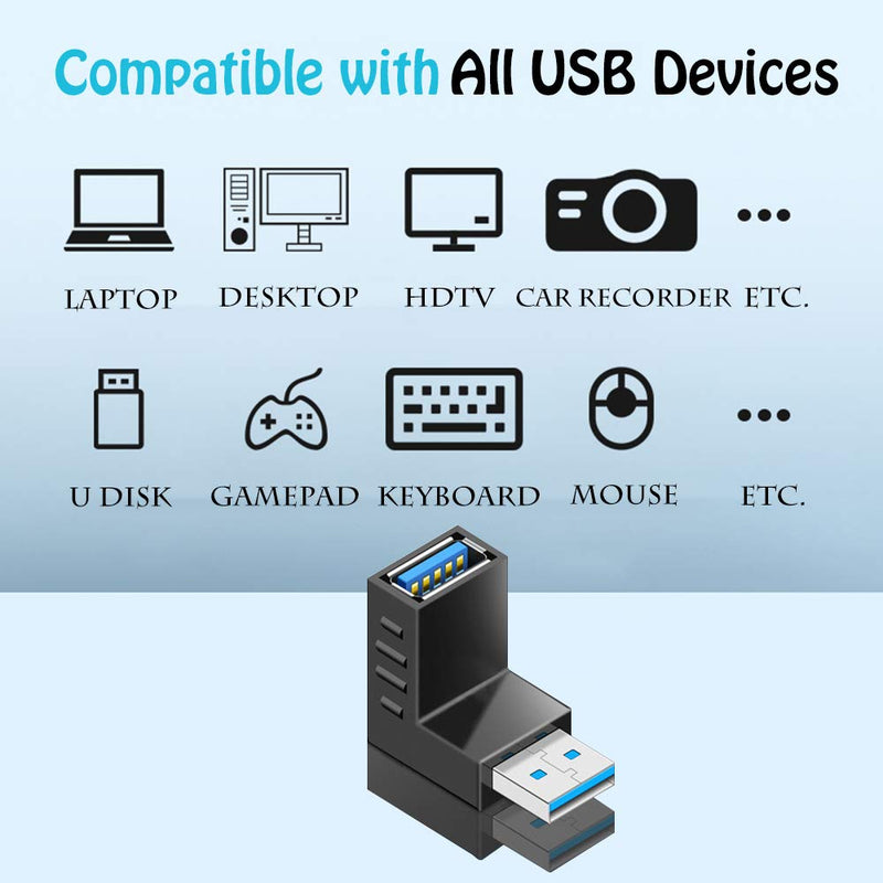  [AUSTRALIA] - Warmstor 4-Pack USB 3.0 Male to Female Adapter 90 Degree Up Angle and Down Angle USB Cable Extender Connector - Upgraded Version Max 2A Charging Speed