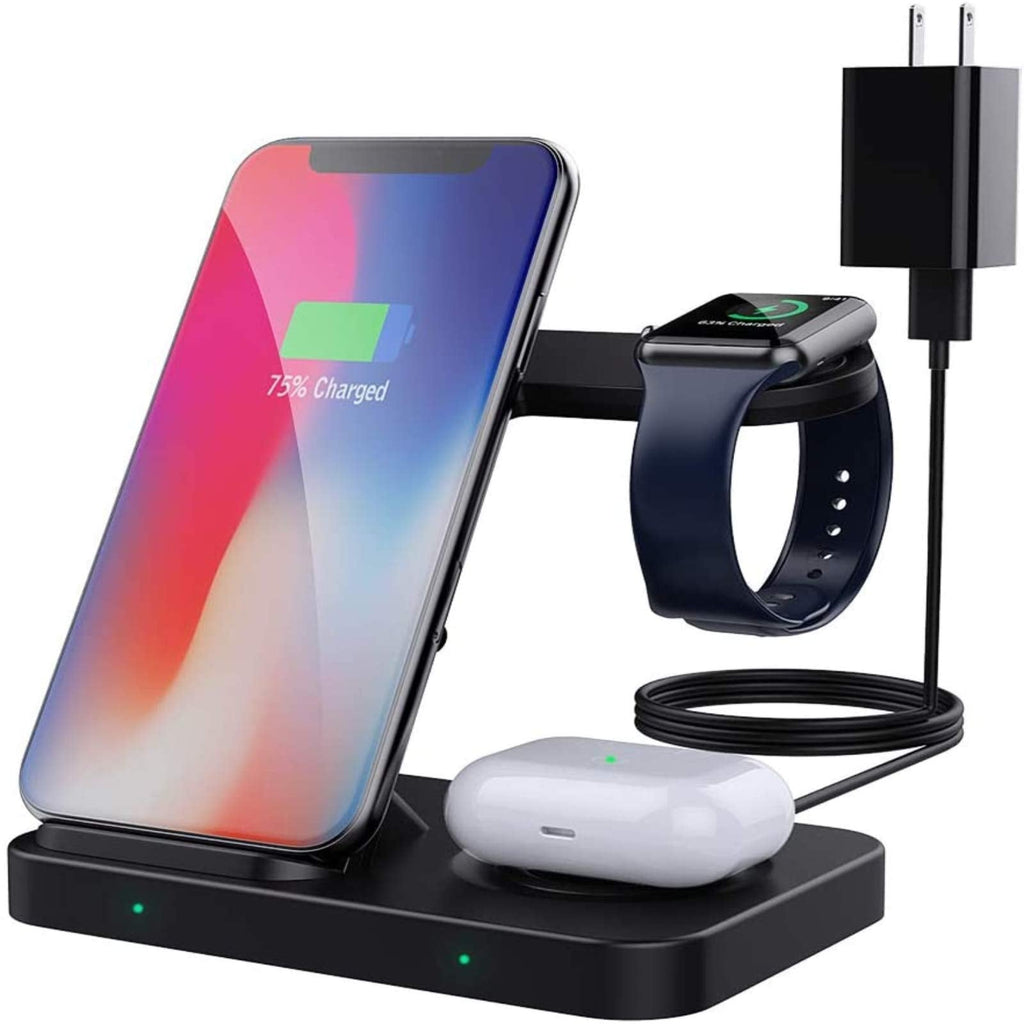  [AUSTRALIA] - MoKo 3 in 1 Wireless Charger Stand, 10W Fast Charging Dock Station Compatible Galaxy Watch 3/Active 2/1/Buds, iPhone 14/13/12 Pro Max 11 Pro/SE Apple Watch SE/6/5/4/3/Airpods 2/Pro(QC3.0 Adapter)
