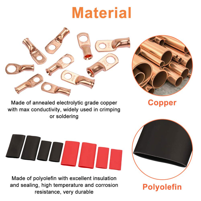 Carperipher 50 Pcs AWG 8/6/4/2 Heavy Duty Copper Wire Lugs with 50 Pcs 3:1 Heat Shrink Tubings, Closed Bare End Tubular Ring Terminals, Battery Electrical Cable Wire Connectors Assortment Kit - LeoForward Australia