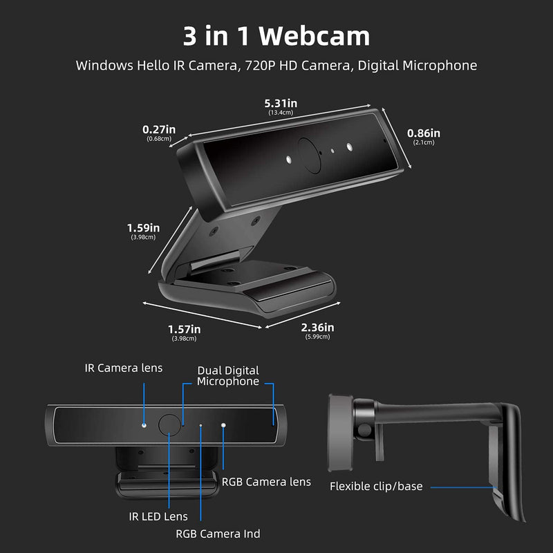  [AUSTRALIA] - AWOW Webcam, Windows Hello IR Camera, 720P HD Camera, Digital Microphone, for Video Calls, Conferences, Online Lessons, Game, DX2