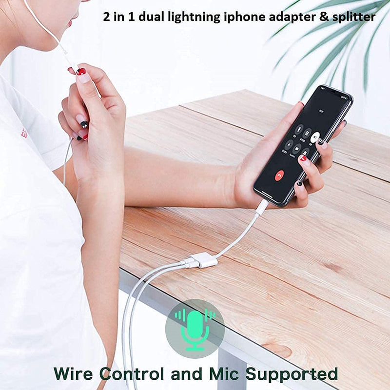 [Apple MFi Certified] Dual Lightning Headphone Adapter & Splitter for iPhone,Dongle Headphones Audio Adapter 4 in 1 Music+Charge+Call+Volume Control Compatible for iPhone12/11/11 Pro/XS/XR /8(2 Pack) - LeoForward Australia