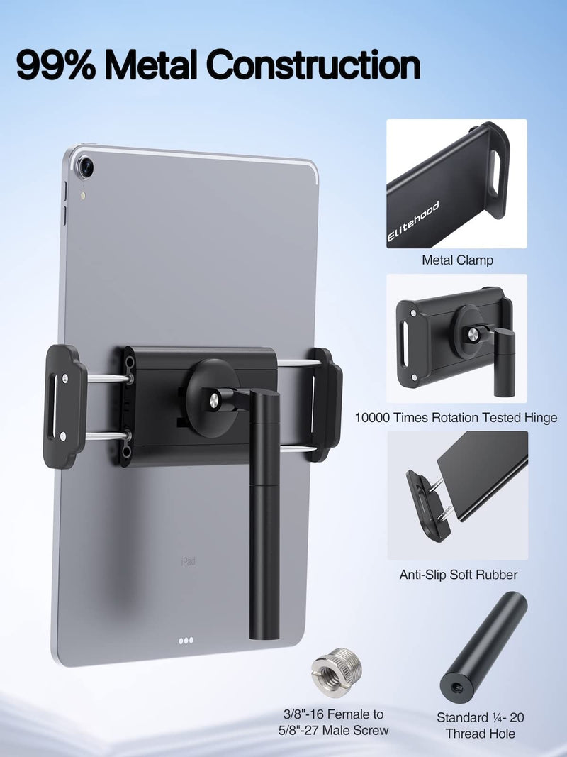  [AUSTRALIA] - Elitehood 2022 Newest Aluminum iPad Tripod Mount, 360° Tilt Rotation iPad Holder for Tripod, Tablet Tripod Mount for iPad Pro 12.9, iPad Air Mini, for 1/4 Screw Tripod, Camera Tripod, 3/8 Mic Stand 4 -13 inch