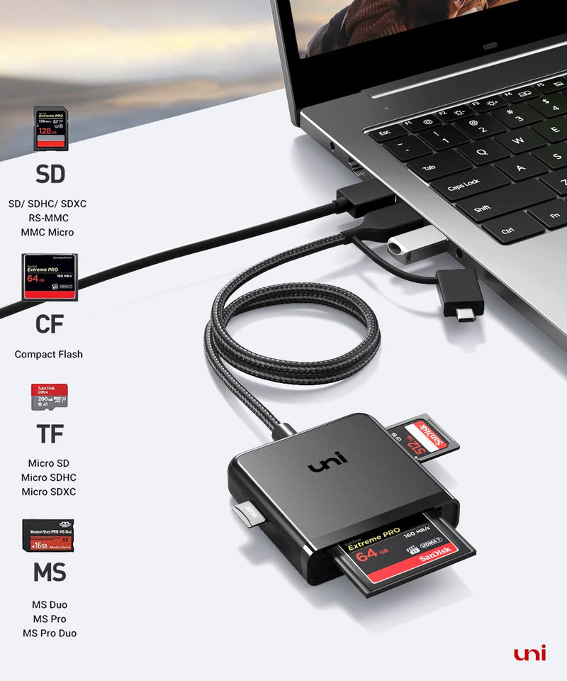  [AUSTRALIA] - SD Card Reader, uni Memory Card Reader 4 in 1 USB C USB 3.0 Dual Connector Adapter Simultaneously Read SD MS CF TF Cards Supports Micro SD/Micro SDXC/SDHC/MMC/MS Pro Duo, etc