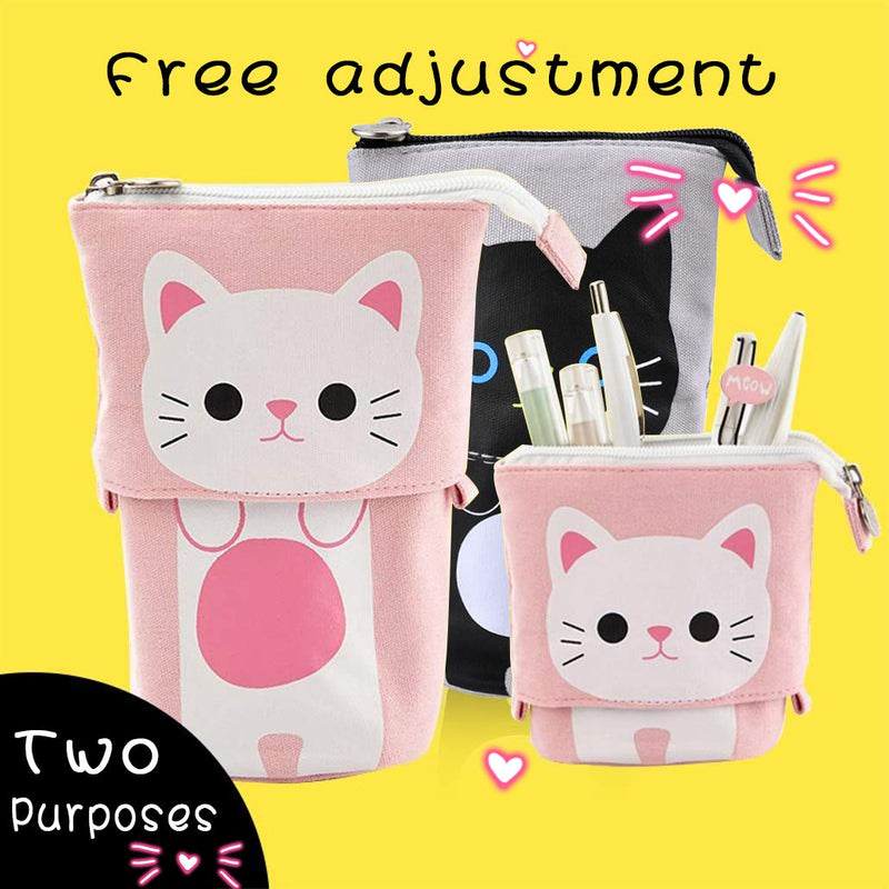 iSuperb Transformer Stand Store Pencil Holder Canvas+PU Cartoon Cute Cat Telescopic Pencil Pouch Bag Stationery Pen Case Box with Zipper Closure 7.5 x 4.9 x 3.0inch/4.1x 3.0inch Pink - LeoForward Australia