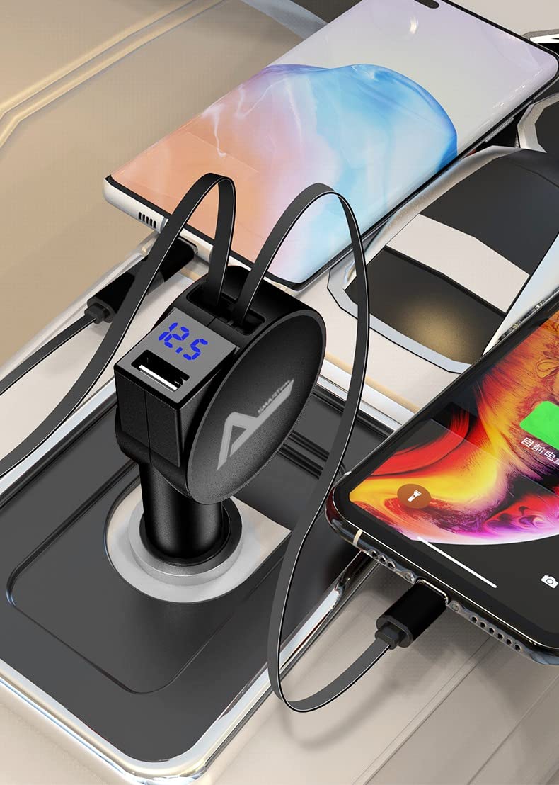  [AUSTRALIA] - Fast Retractable Car Charger, USB C Car Charger, Fast Charge 60W, Two Retractable Cables (2.6Ft) and USB Port Car Charger Adapter, Compatible with iPhone & Android Cell Phones, Black