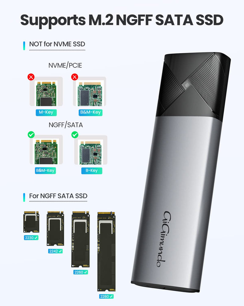  [AUSTRALIA] - GiGimundo Tool-Free M.2 SATA SSD Enclosure - High-Speed 5Gbps External USB SSD Adapter with UASP Trim for M.2 B Key/B+M Key Sata Drive (Not Work for NVMe PCIe) - Gray SATA-Gray