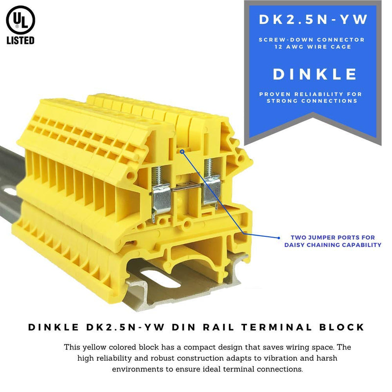 ICI Dinkle Power Distribution DK2.5N-YW 10 Gang Box Connector DIN Rail Terminal Blocks, 12-22 AWG, 20 Amp, 600 Volt Solar Combiner Yellow - LeoForward Australia