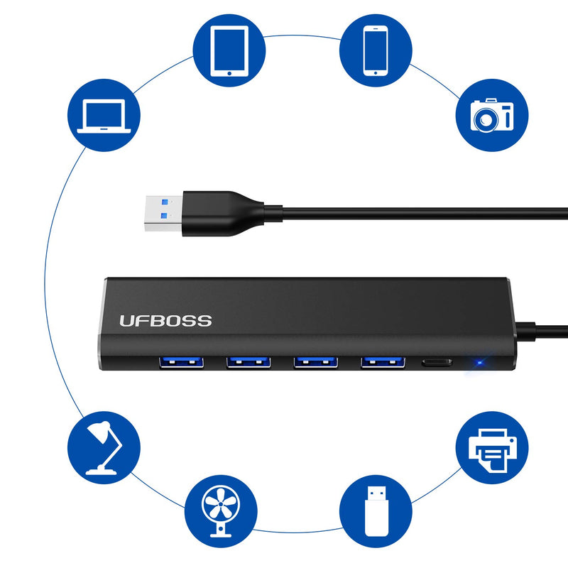 USB Hub, UFBOSS 4 Ports USB 3.0 Data Hub, Aluminum USB Hub with 4 5Gbps USB Ports/Charging Port - Compatible with iMac Pro, MacBook Air, Mac Mini/Pro, Notebook PC (Black) (Black) - LeoForward Australia