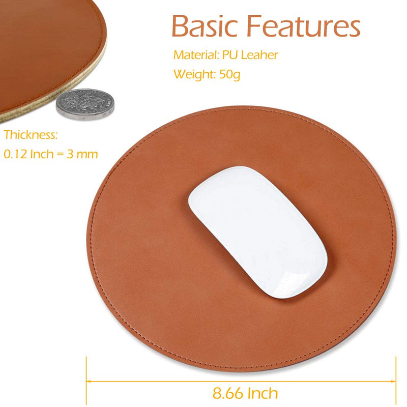 ProElife Premium Mouse Pad Mat Round PU Leather Mousepad for Home Office, for Magic Mouse/Surface Mouse and Wired/Wireless Bluetooth Mouse (Brown), Noiseless/Durable/Waterproof Surface PU leather-Brown - LeoForward Australia