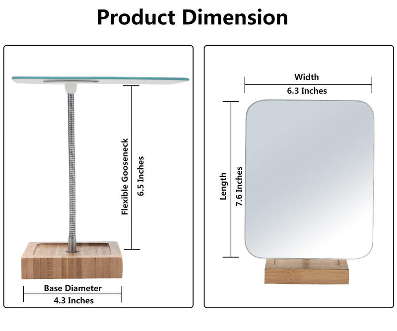  [AUSTRALIA] - YEAKE Flexible Gooseneck Bamboo Vanity Makeup Mirror,360°Rotation 8" Large Frameless Vanity Mirror Folding Portable Table Desk Mirror with Stand Bathroom Shaving Make Up Mirrors Rectangle Large (Pack of 1) Bamboo Flexible Makeup Mirror With Stand