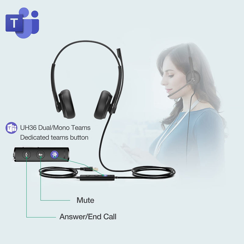  [AUSTRALIA] - Yealink Wired Headset USB Headset with Microphone Computer Headset with Noise Canceling PC Laptop Headset with Mic Stereo for Microsoft Optimized Teams Certified UH34-DUAL UH36 UH34 Dual Teams Black