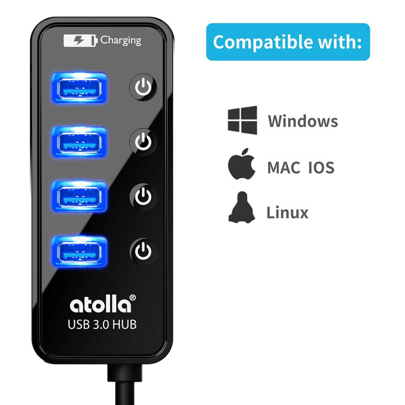  [AUSTRALIA] - USB 3.0 Hub, atolla 4 Ports Super Speed USB 3 Hub Splitter with On Off Switch with 1 USB Charging Port (Cable Length 2 Feet, No AC Adapter) (4-Port hub)