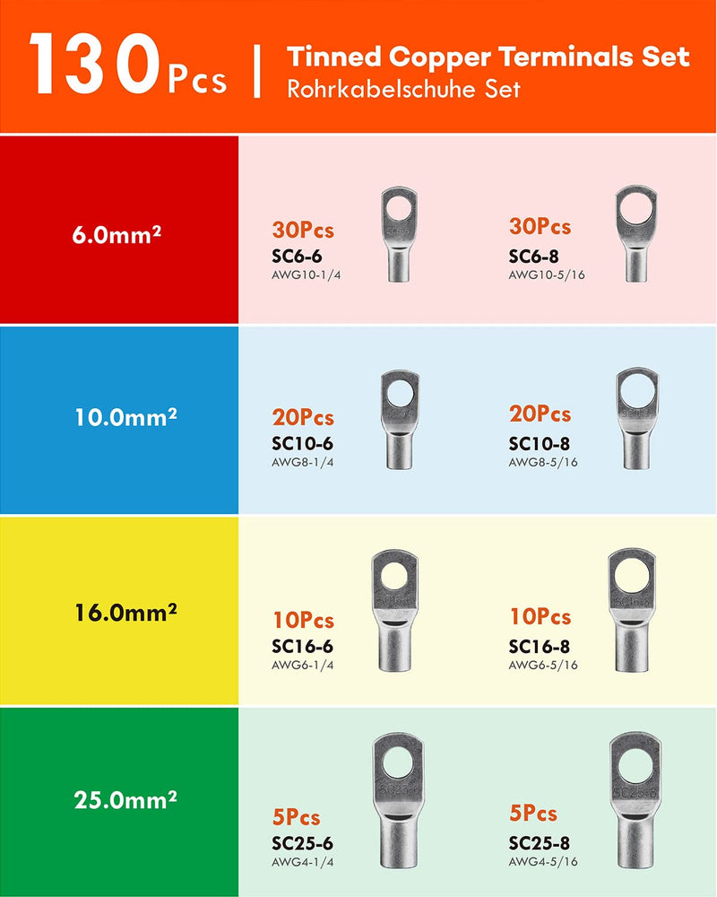  [AUSTRALIA] - Gorffy cable lugs tubular cable lugs set 130 pieces, cable lugs set 25mm² 16mm² 10mm² 6mm², cable lug assortment for vehicle battery cables, ring cable lugs set M6 M8