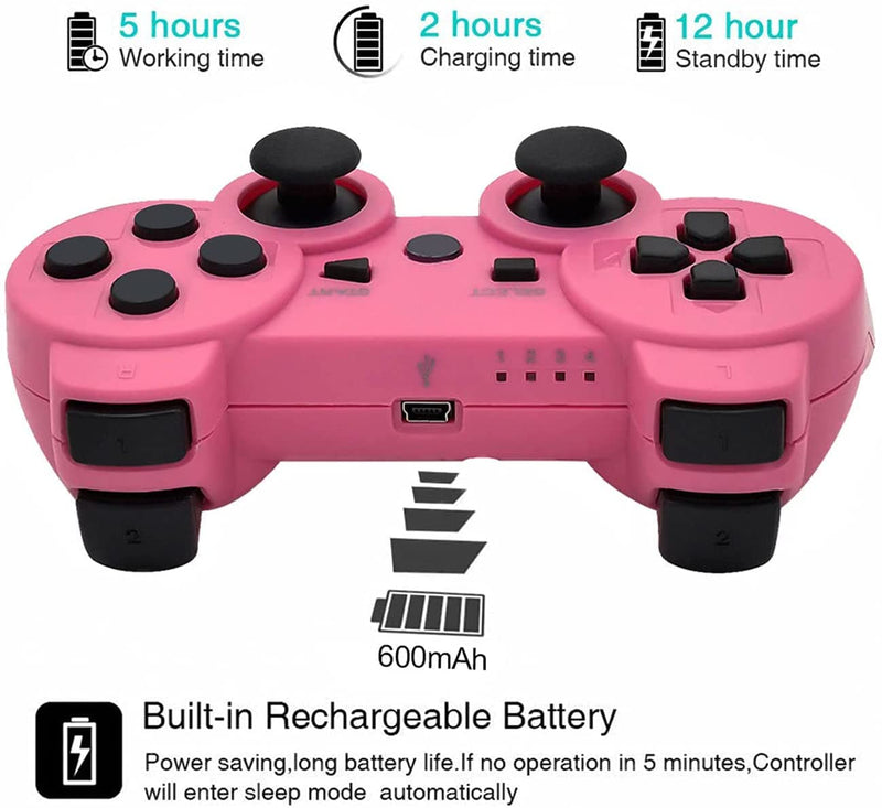  [AUSTRALIA] - PS-3 Wireless Controller 2 Pack PS-3 Gamepad PS-3 Remote Wireless PS-3 Controller Double Shock Compatible with Playstation 3 with Charging Cable (Pink+White) Pink+White