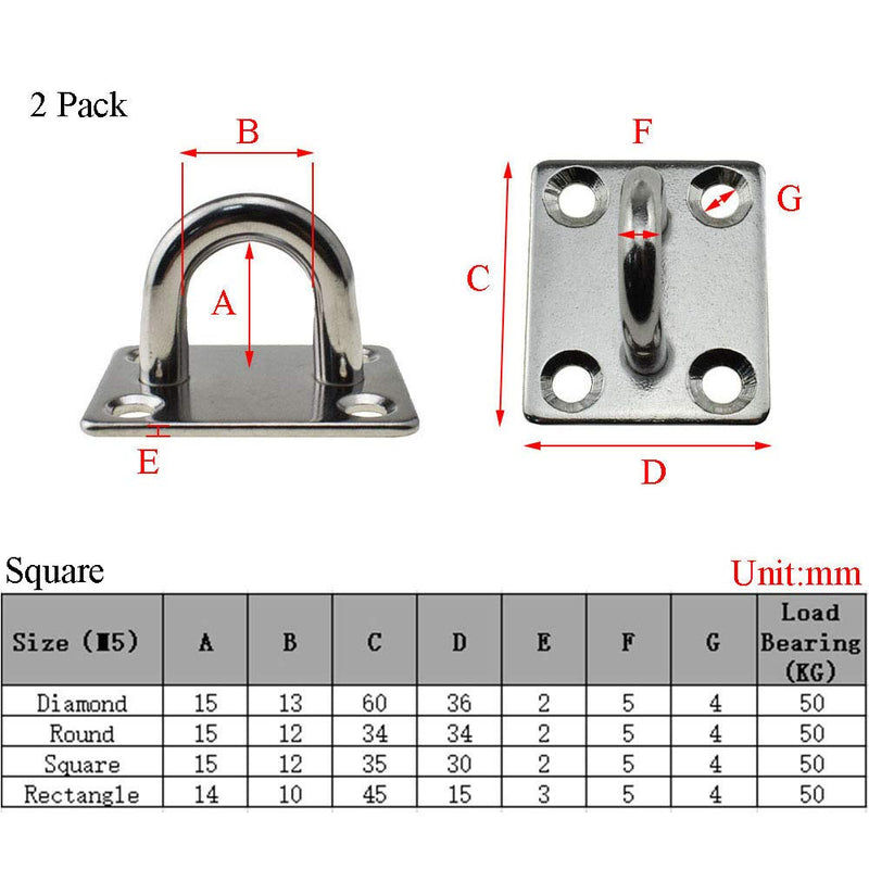 Binzzo Pad Eye Plates U Shaped Hook M5 Square Anchor Staple Ring Fastener Snap Screw Welded Well Hold up Climate Strong No Location Limited for Hammock Swing 304 Stainless Steel with Screws 2 Sets Square-35x30mm-M5 2Sets - LeoForward Australia