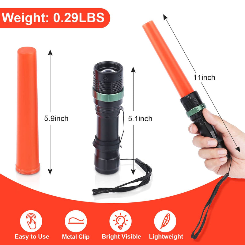  [AUSTRALIA] - 2 Pack 11 Inch Safety Traffic Control Wand LED Flashlight with Cones, Red LED Parking Wand with Wrist Strap and Side Clip for Traffic Directing, Using 3 AAA Batteries (Not Included)