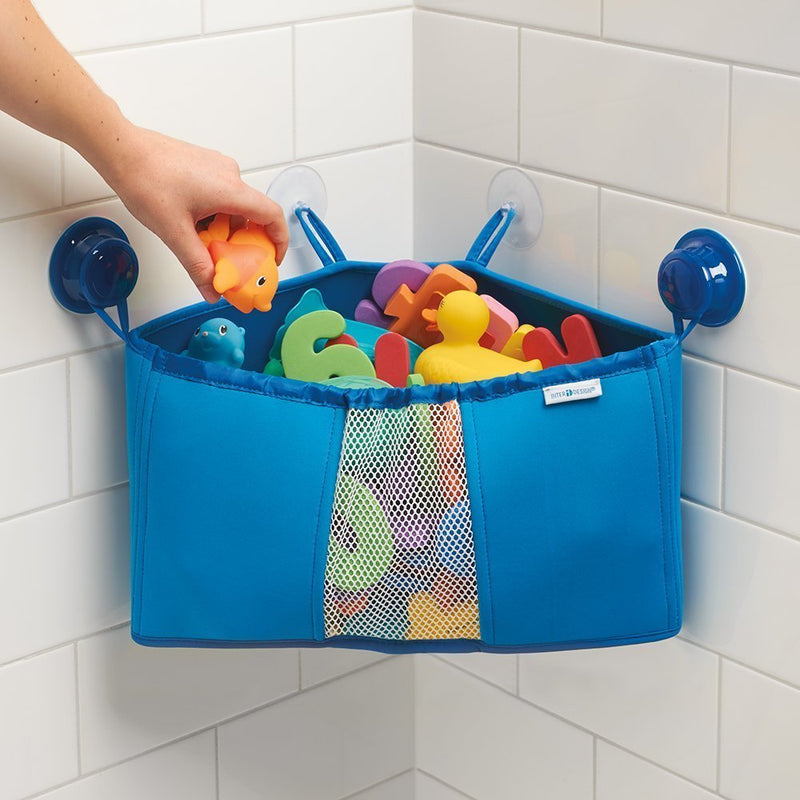  [AUSTRALIA] - iDesign IDjr Neoprene Suction Cup Corner Bathroom Shower Caddy Basket, Baby Bath Toy Organizer, 13.5" x 11" x 11" - Blue