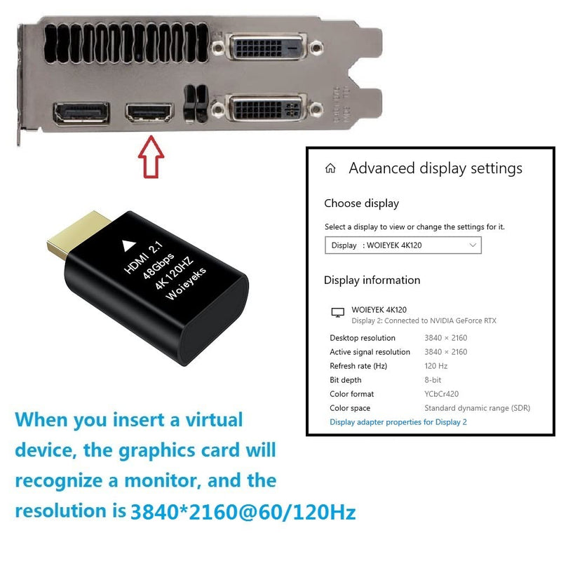  [AUSTRALIA] - Woieyeks 4K 120Hz HDMI 2.1 Dummy Plug,Virtual Display Emulator,Headless Ghost Display Adapter Support 3840x2160@120HZ,1440@120HZ,1080P@120HZ EDID Monitor Emulator（8K not Supported） 4K-120Hz Emulator