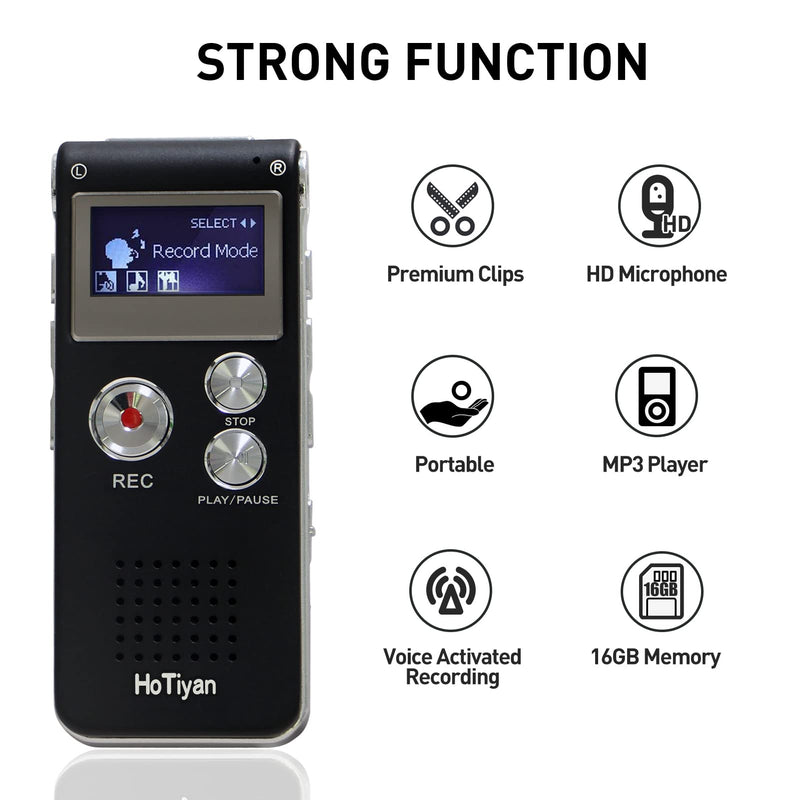  [AUSTRALIA] - HoTiyan Voice Recorder 16GB Capacity Voice Activated Recording Device Digital Voice Recorder for Lectures, Meetings, Interviews Mini Audio Recorder with USB Rechargeable WAV/MP3 Tape Recorder (16GB)