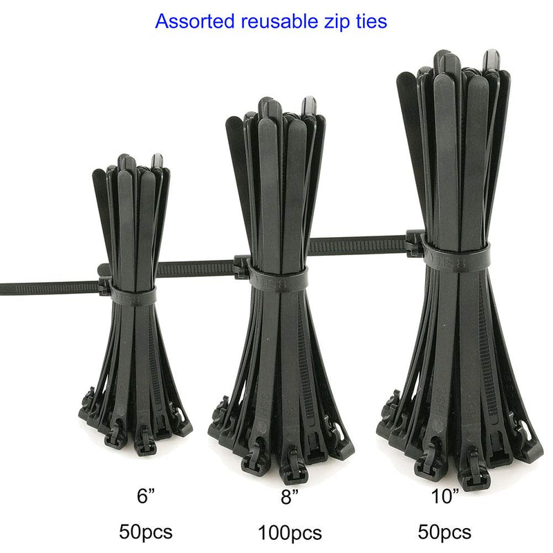  [AUSTRALIA] - HS Reusable Zip Ties Assorted 6 8 10 Inch (200 Pack) Releasable Nylon Cable Zip Ties 50 Lbs Tensile Strength,Thick Reusable Wire Ties Outdoor Indoor Purpose