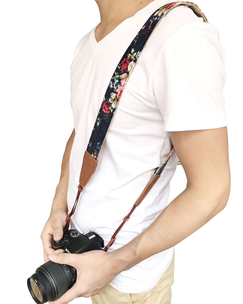  [AUSTRALIA] - Camera Strap Neck, Adjustable Vintage Floral Camera Straps Shoulder Belt for Women /Men,Camera Strap for Nikon / Canon / Sony / Olympus / Samsung / Pentax ETC DSLR / SLR Cowhide black