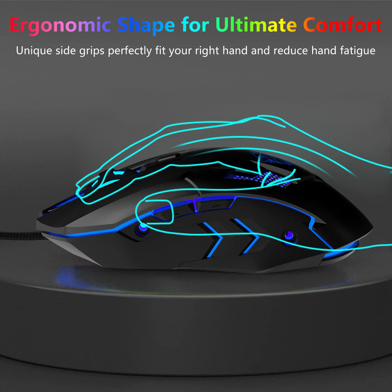  [AUSTRALIA] - FUWANG Wired Gaming Mouse, USB Computer Mouse with RGB Backlit, 7200 DPI Optical Sensor, Ergonomic Gamer Mouse with 6 Programmable Buttons for Windows/PC/Mac/Laptop Gamer Dark Black