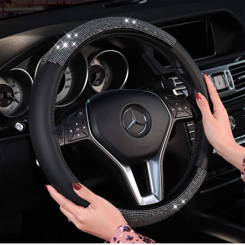  [AUSTRALIA] - KAFEEK Diamond Leather Steering Wheel Cover with Bling Bling Crystal Rhinestones, Universal 15 inch Anti-Slip, Super cool Black Microfiber Leather and Diamond